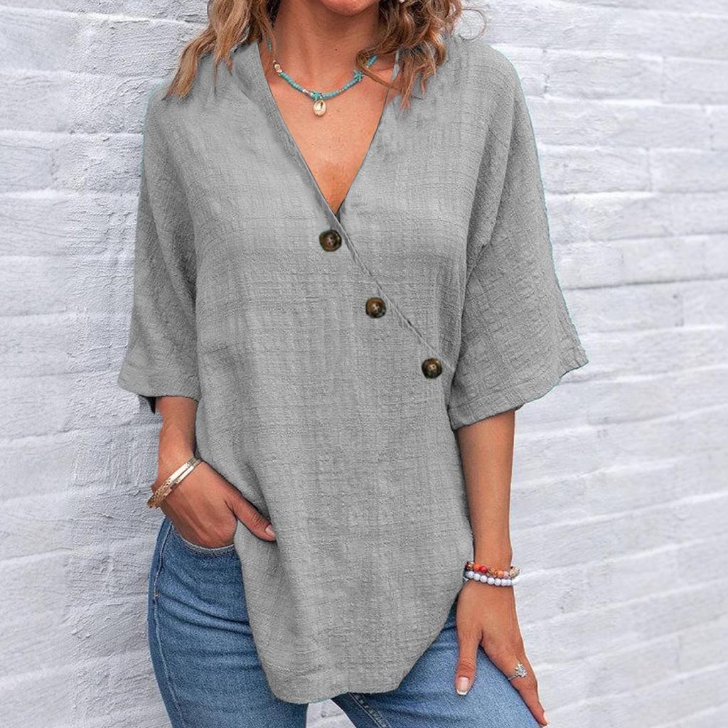 Women's Fashionable Loose Casual V-Neck Color Button Up Top Color Button Up Top