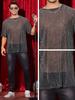 Lars Amadeus Glitter Mesh Sheer Short Shiny Top for and Silver Size L T-Shirt, See-Through, Sleeve, Parties, Clubwear, Holidays, Men's, Gray,