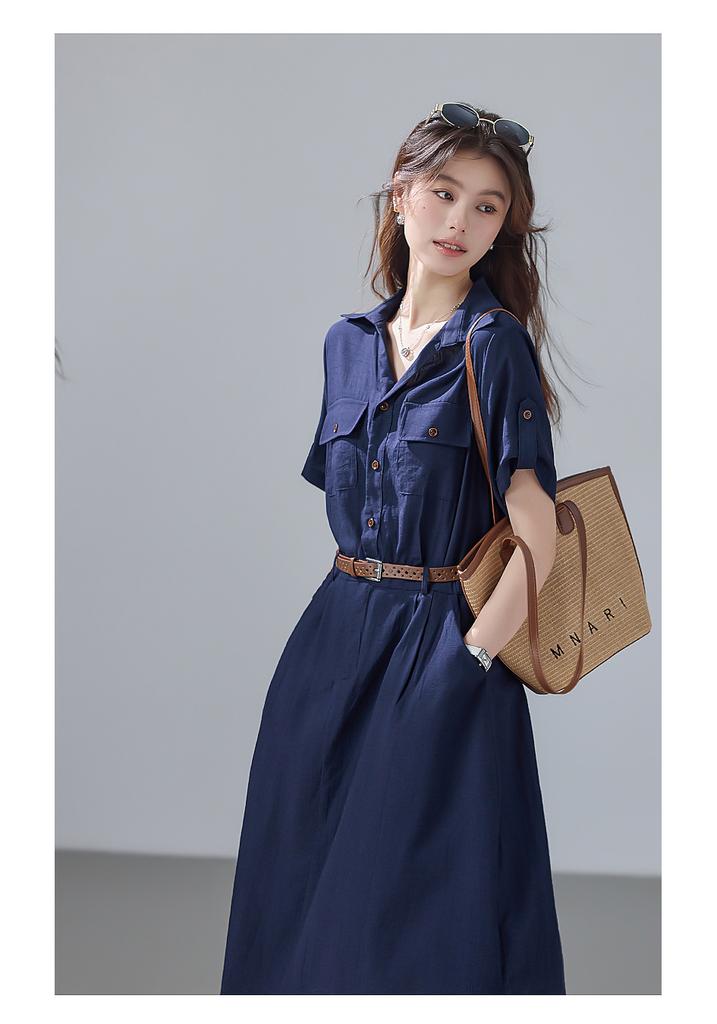 Relaxed Lapel Short-Sleeved Dress with Lining