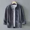 Plus Size Men Cotton Linen Shier Autumn Spring Men Collarless Long Sleeve Frog Button Loose Blouse Tops Oversized