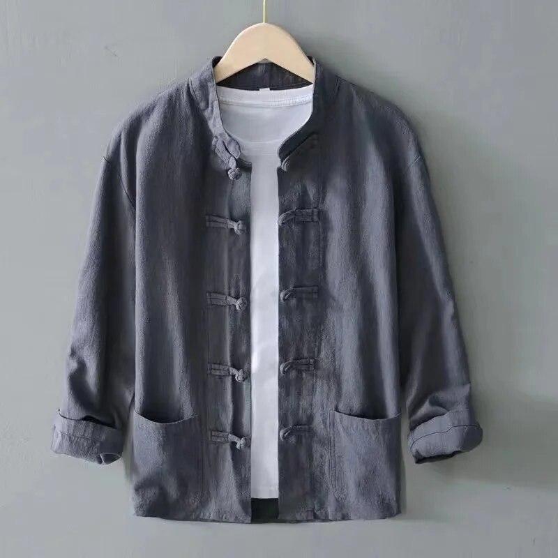 Plus Size Men Cotton Linen Shier Autumn Spring Men Collarless Long Sleeve Frog Button Loose Blouse Tops Oversized