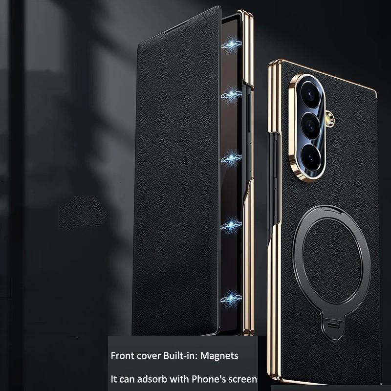 Genuine Leather For Magsafe Magnetic Bracket Case for Samsung Galaxy Z Fold 7 Fold 6 Fold 5 Luxury Central Axis Hinge Stand Case