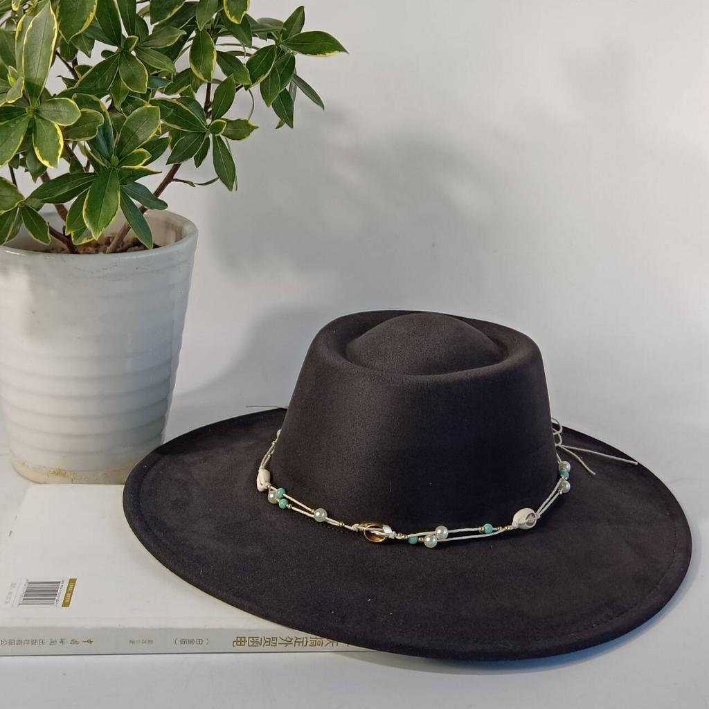 Women's Suede Wide-brimmed Fedora Hat, Western Cowboy Style, Paired with a Shell-decorated Jazz Hat, Equestrian Party Hat.