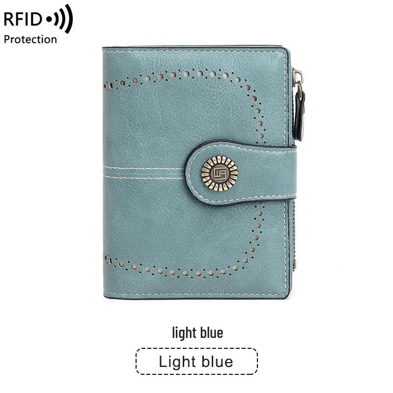 2023 RFID Women's Oil Wax Leather Wallet: Short Card Holder with Coin Purse and Fashion Buckle Zipper.