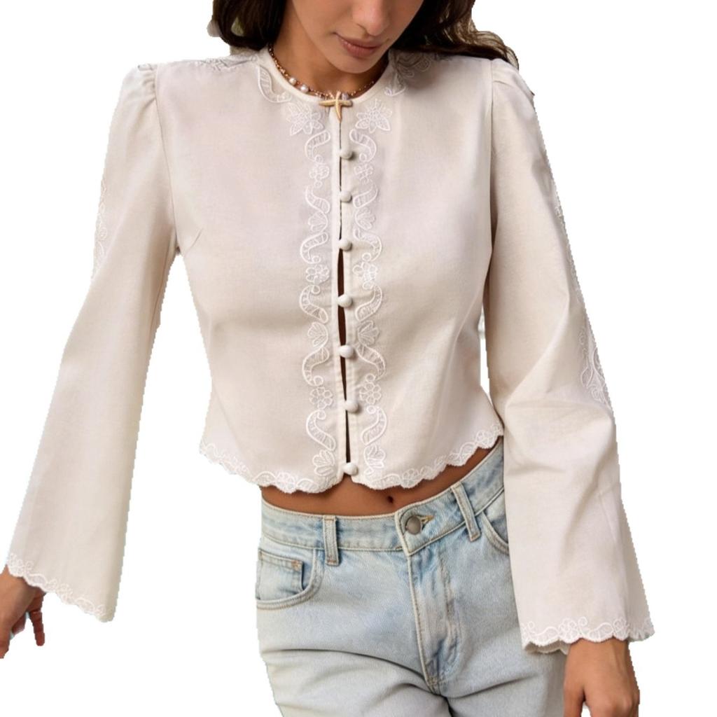 Cross-border Special Rice Apricot Embroidered Lace Short Horn Sleeve Shirt, European and American Foreign Trade Women's Holiday Cardigan