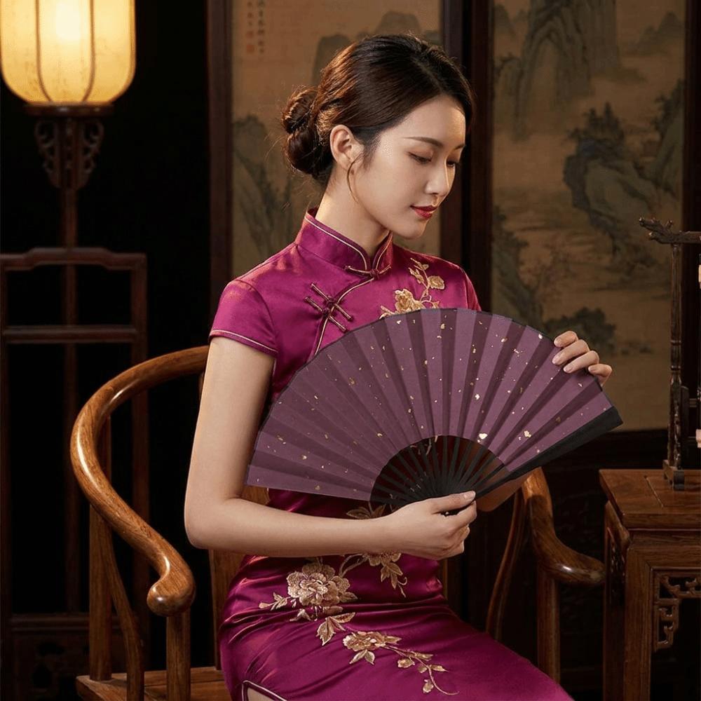 Antique Style Chinese Folding Fan Handwritten Calligraphy Portable Hand Fan DIY Gold-Flecked Surface Dance Fan Photo Props