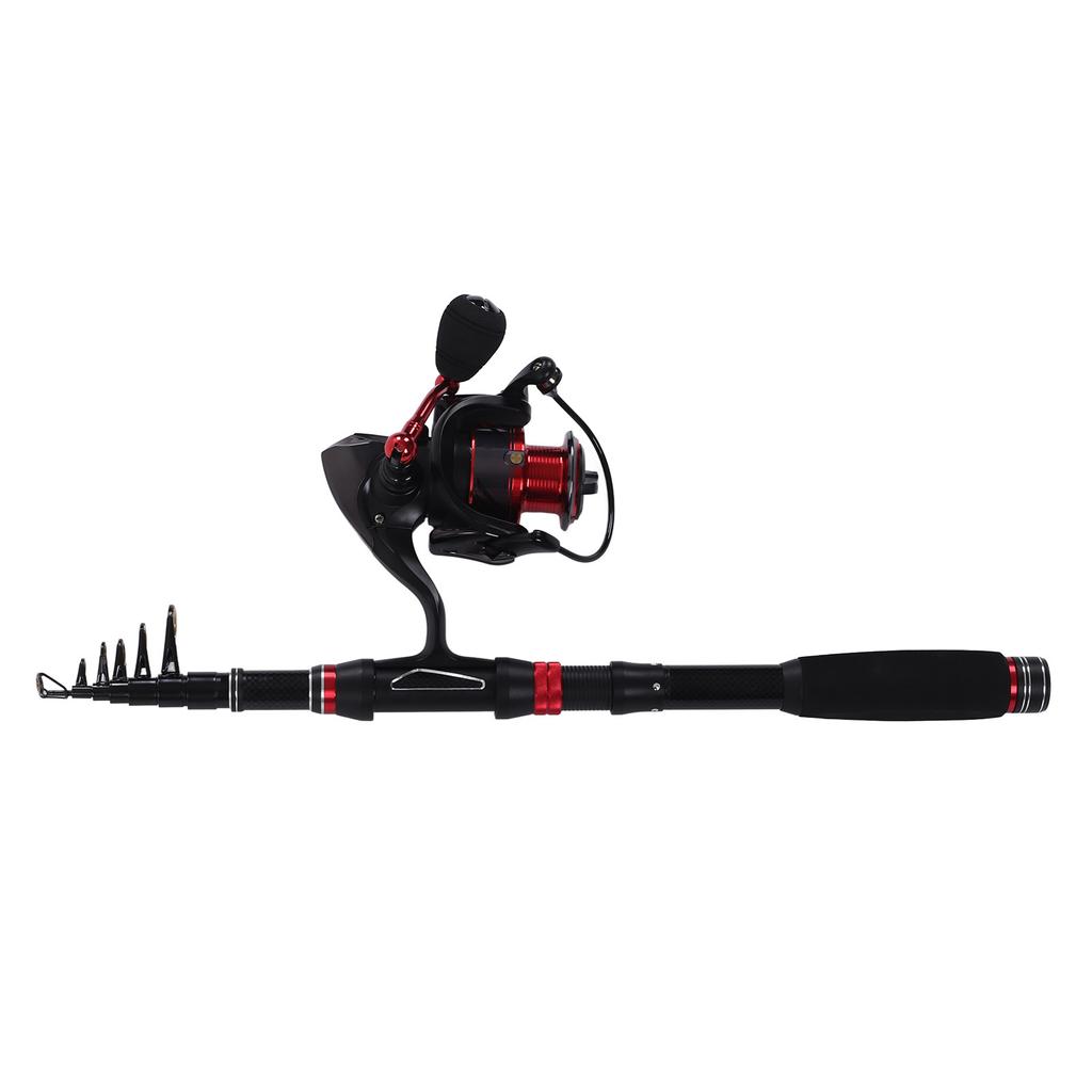 Fishing Rod Set Black Red Carbon Telescopic Fishing Rod GA3000 Spinning Reel with Line Bait Hooks for Saltwater