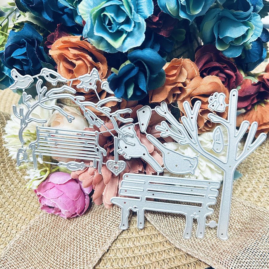 2pcs/set Bird Tree Die Cuts for Card Making, Park Chair Metal Cutting Dies, Metal Die Cutting Mold, Scrapbooking Dies, DIY Etched Embossing Stencil
