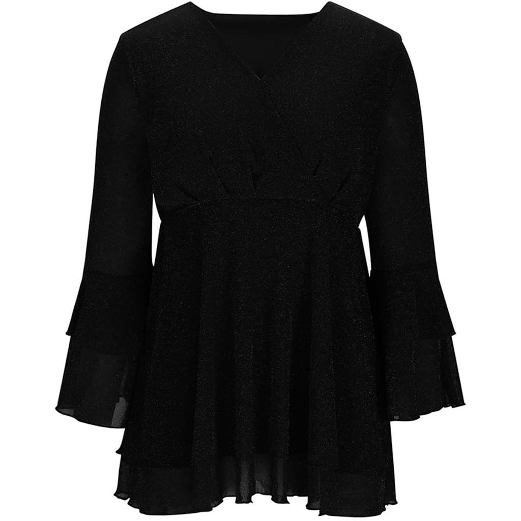 Ladies' Casual And Fashionable V-neck Solid Color Sequin Seven Quarter Sleeved Top