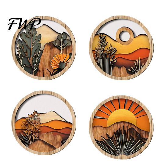 Retro Boho Wall Hanging 4 Pcs Art, Bohemian Sunset Mountain Plant Decor, Wooden Handmade Wood Art Round Circle Hollow Out Farmhouse Ornament B