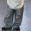 Wood Sheep Spring 2025 Kids' Wide-Leg Jeans with Ripped Hems - Trendy for Boys and Girls