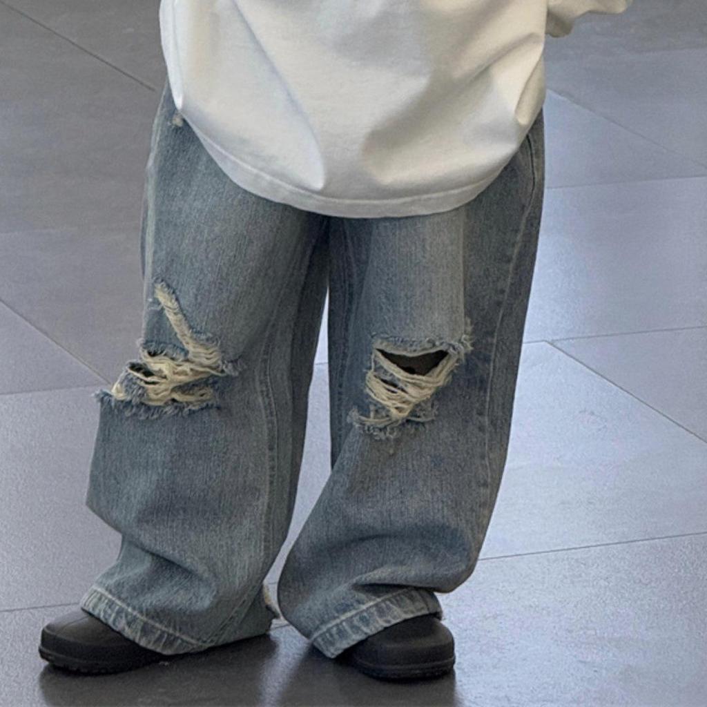 Wood Sheep Spring 2025 Kids' Wide-Leg Jeans with Ripped Hems - Trendy for Boys and Girls