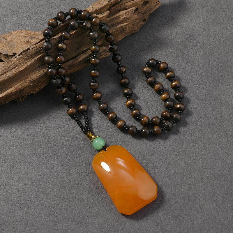Wood Bead Beeswax Necklace No Matter Brand Pixiu Pendant Chicken Oil Yellow Amber Men's and Women's Long Sweater Chain Pendant