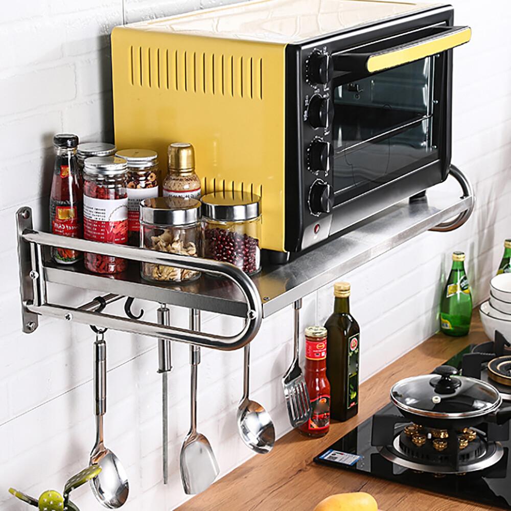 Stainless Steel Microwave Oven Wall Shelf Kitchen Storage Rack Organizer With 6 Hooks Heavy Duty 20kg Capacity