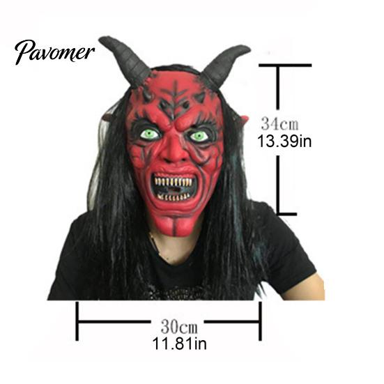Máscara de Diablo para Halloween Máscara de Satán, Disfraz Realista de Cabeza Completa de Látex con Accesorios Largos y Escalofriantes de Cuernos Rojos y Colmillos, Accesorios de Fiesta de Cosplay Aterradores