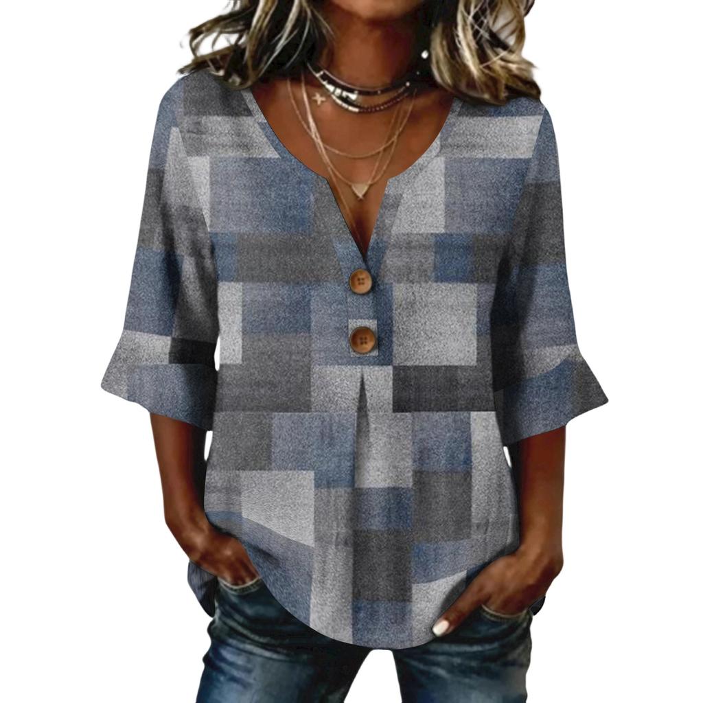 Ladies' plaid printed button casual V-neck fashionable seven quarter sleeve top