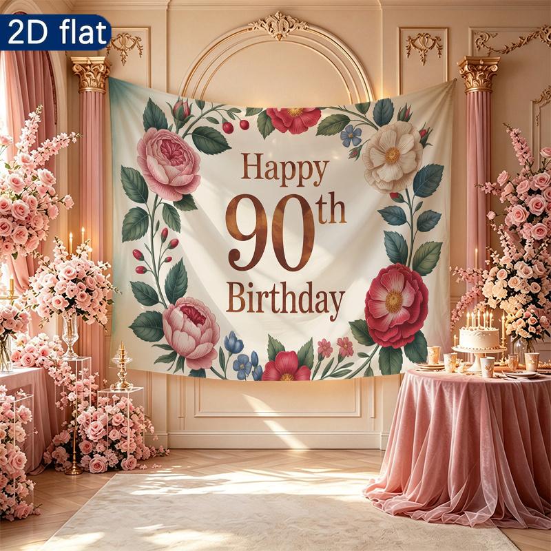 Vintage Floral 90th Birthday Party Banner, Polyester Backdrop for Home Room Wall Decor