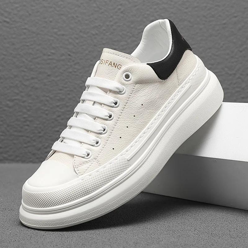 Men Genuine Leather Casual Shoes White Flat Skate Platform Shoes Street Cool Thick-soled Sneaker