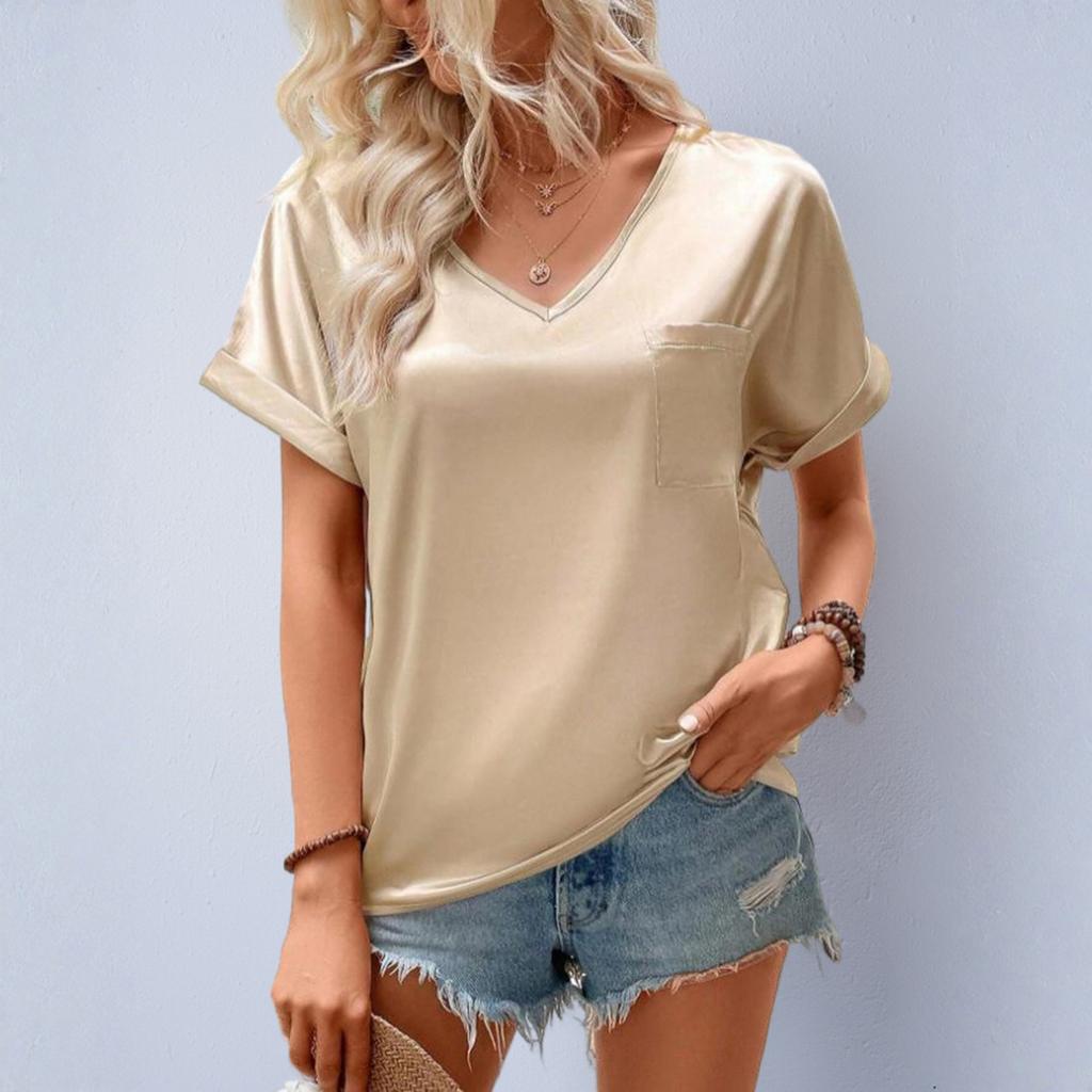 Women's Sading V-Neck Pocket Roll-up Short Sleeve Loose Top