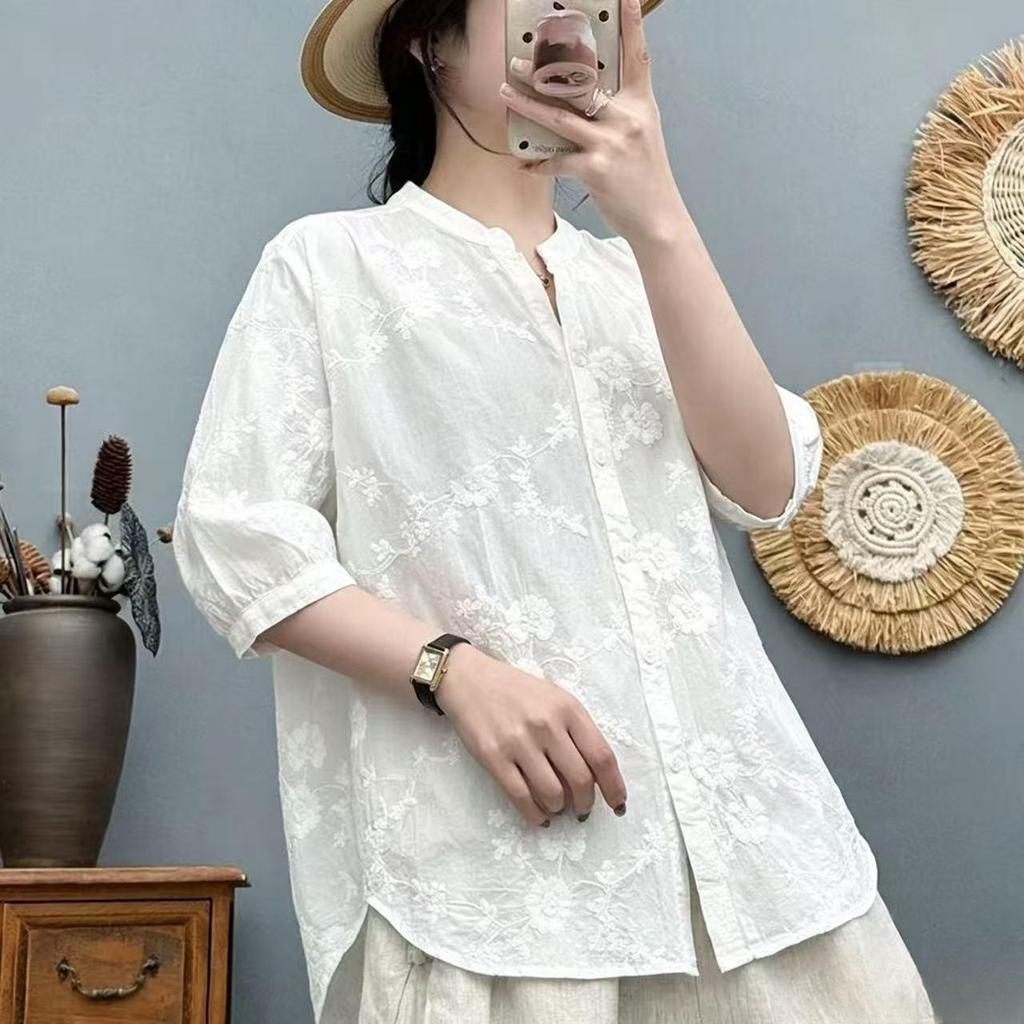 Pure cotton 1116 summer new women's large size loose and thin V-neck embroidered shirt foreign style casual 100 design sense