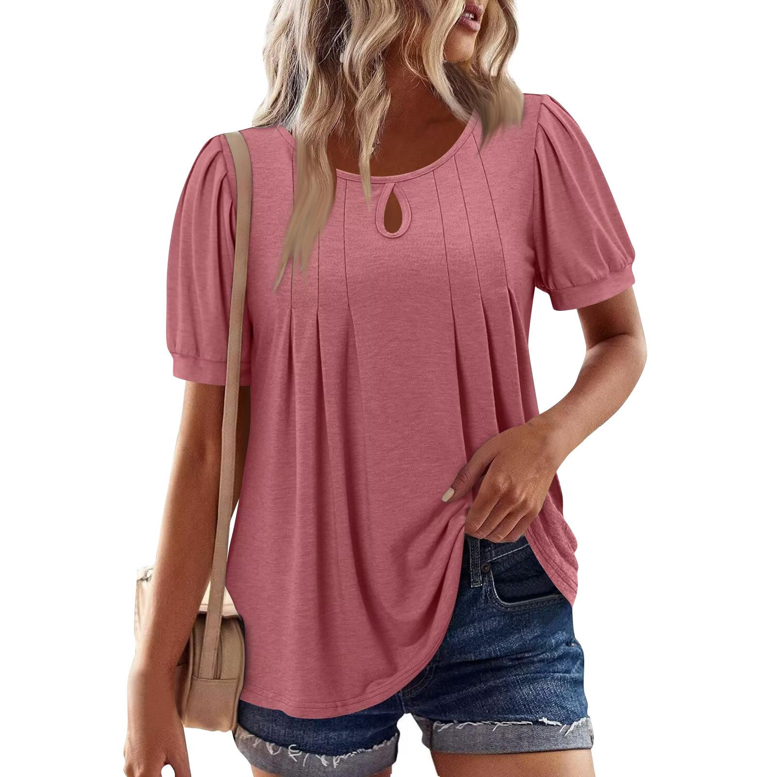 

Женские летние топы, повседневные, с оборками, коротким рукавом, круглым вырезом, свободные, плиссированные футболки S белый