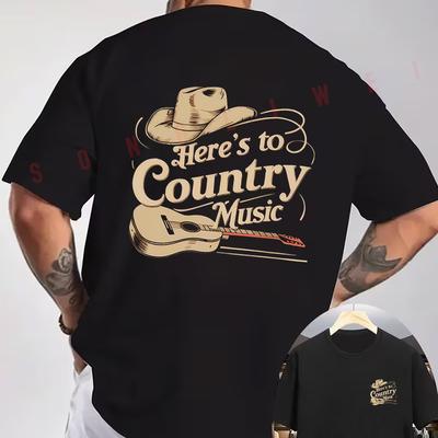 Country Music Cowboy Hat And Guitar Graphic Motorcycle T-Shirt Double-Sided Print Men's Short