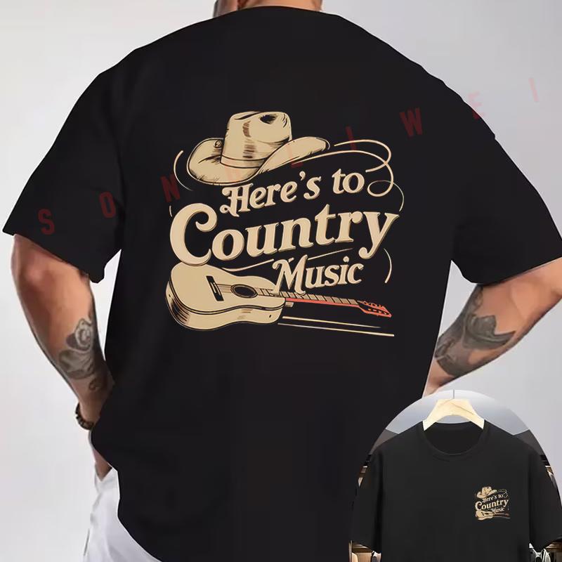 Country Music Cowboy Hat And Guitar Graphic Motorcycle T-Shirt Double-Sided Print Men's Short