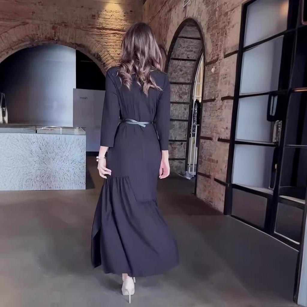 2024 Autumn Women's Solid Color High-end Long Sleeve Maxi Dress