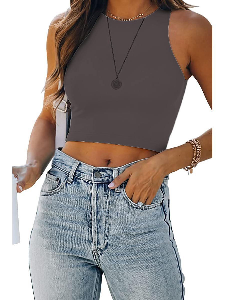 

Футболка без рукавов с круглым вырезом, однотонная, летняя, 2023 г. - женская, в европейском и американском стиле L темно-серого