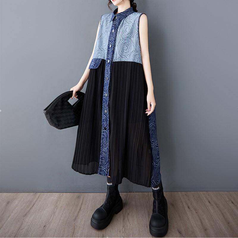 Rochii de vară lungi și lejere din denim, fără mâneci, stil vintage, model patchwork, pentru femei