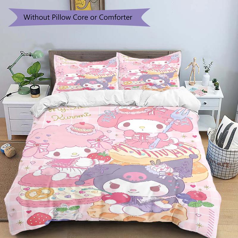 3pcs Dessert Adventure My Sweet Kuromi Pattern Bedding Set, 1* Cover + 2*Pillowcases, Printed Bedding Set, Soft and Comfortable.S017