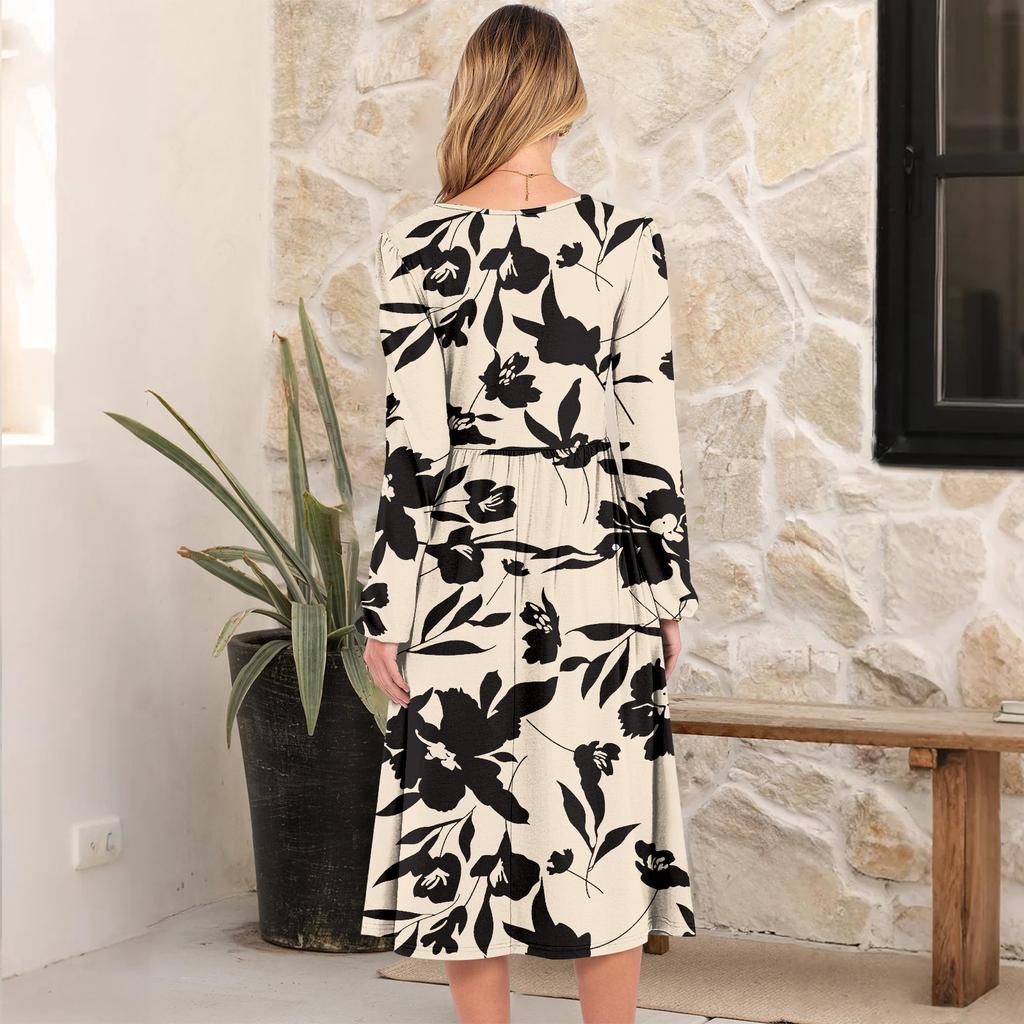 Women's Fashionable Loose Retro Printed Round-neck Dress