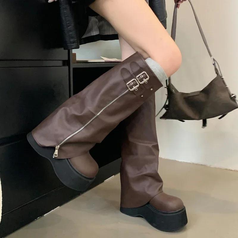 Fashion Autumn Winter Chunky Women Knight High Boots Fashion Platform Flats Trouser Long Booties Female Western Cowboy Shoes