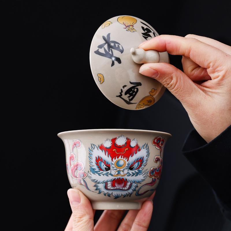 Chinese Style Grass And Wood Gray Lion Dance Three Talent Cover Bowl Teacup Single High-Grade White Porcelain Tea Kung Fu Tea Set Tea Bowl