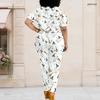 Women Plus Size White Printed Two Piece Set Short Sleeve Top Pocket Pants