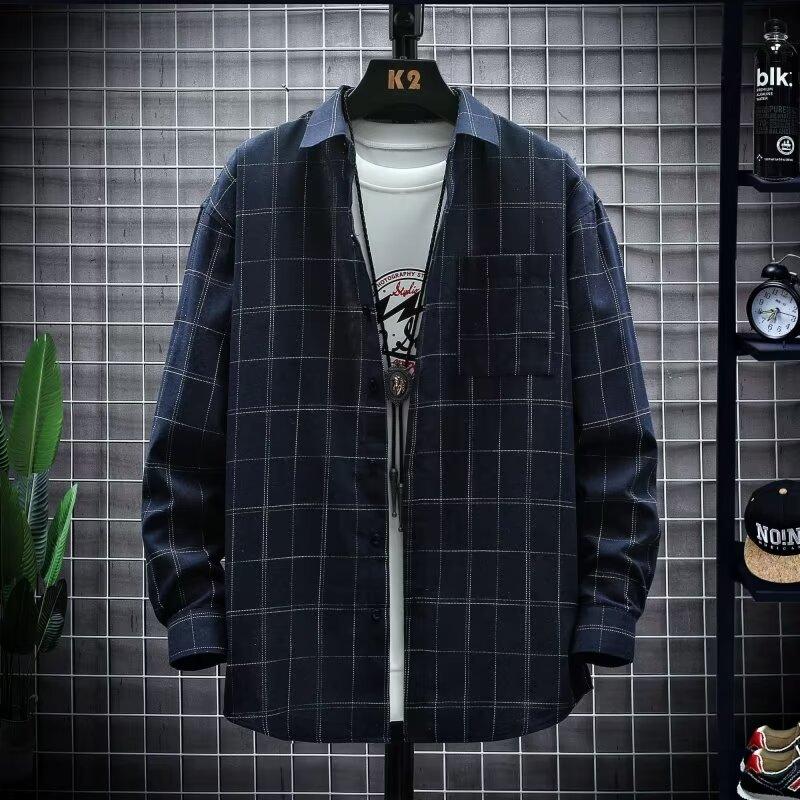 

Модная универсальная рубашка в клетку с длинными рукавами, мужская новая свободная рубашка, повседневная куртка, топы XL чёрный
