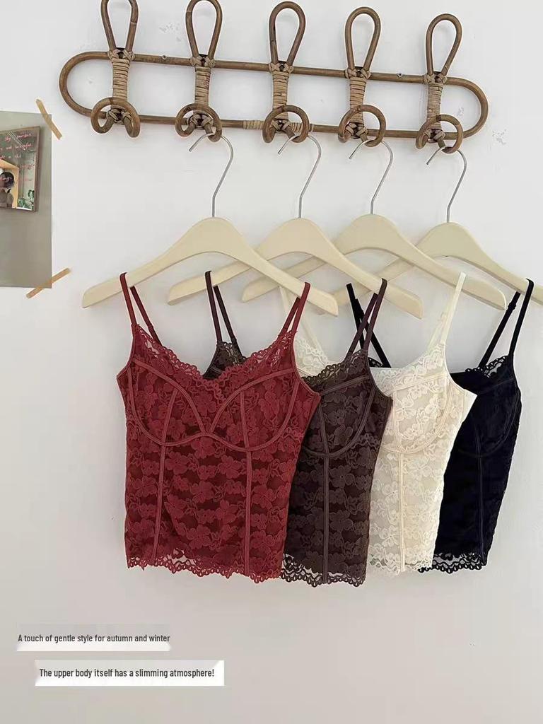 Herbst/Winter Französische Spitze Mit Stäbchen Verstärkte Rückseite Camisole - Warmes, Sexy Girly Basisschicht Top