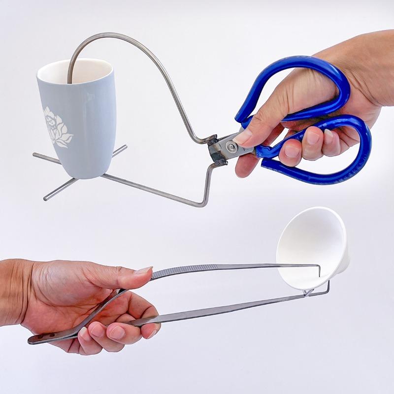 1pc Glaze Dipping Tongs Ceramic Tool Triangle Blue Handle Metal Tweezer for Green Body Glazing Application