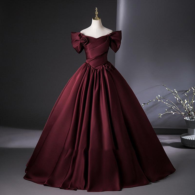 Red satin evening dress dress, women`s