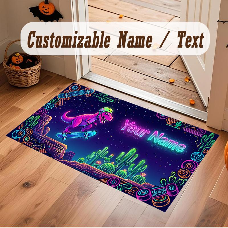 Dinosaur Theme Soft Crystal Velvet Rug Custom Name & Text Print Non Slip Floor Rug for Bedroom Living Room