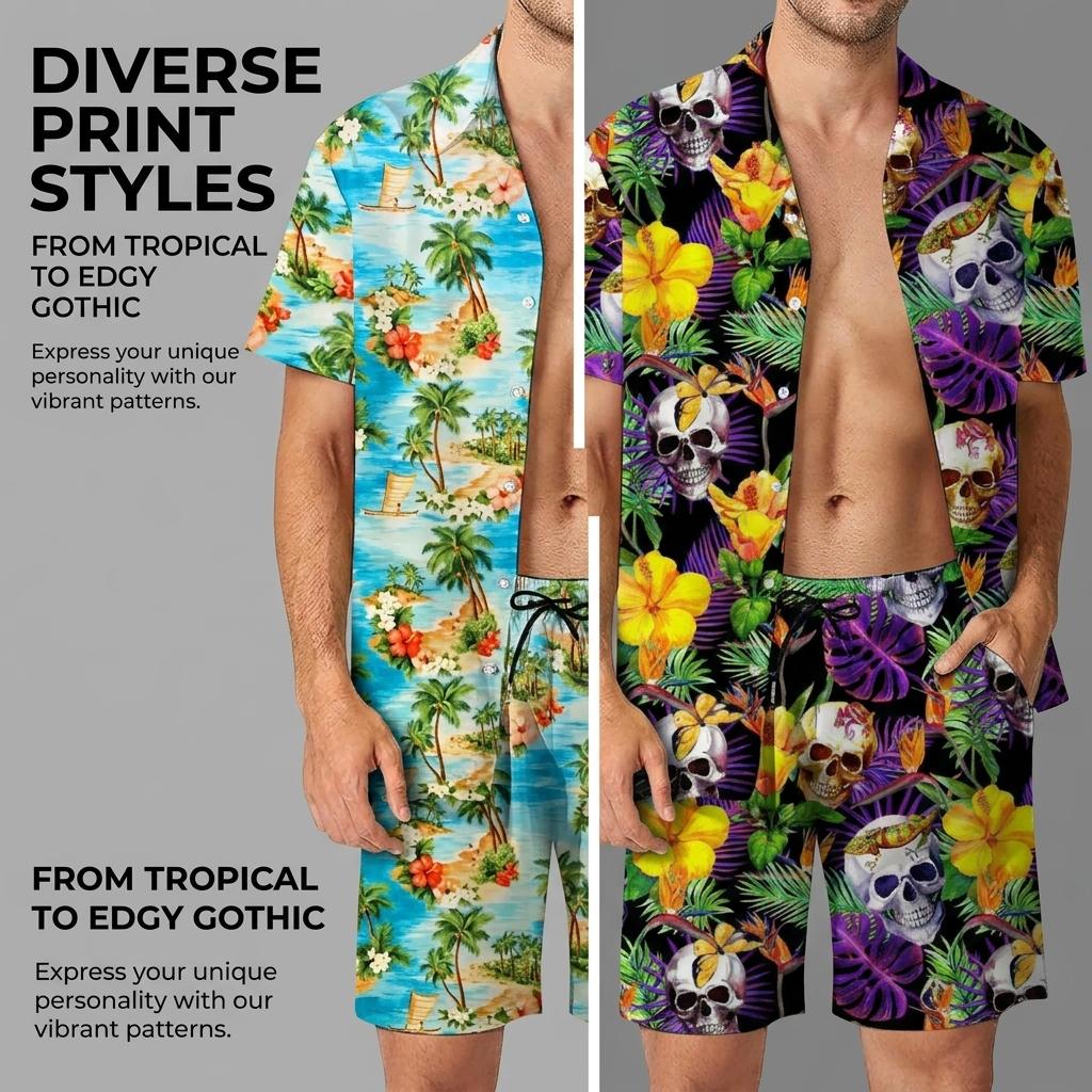 Herren Casual Locker Hemd Set Hawaiianische Küste 3D Digitaldruck Strand Kurzarm