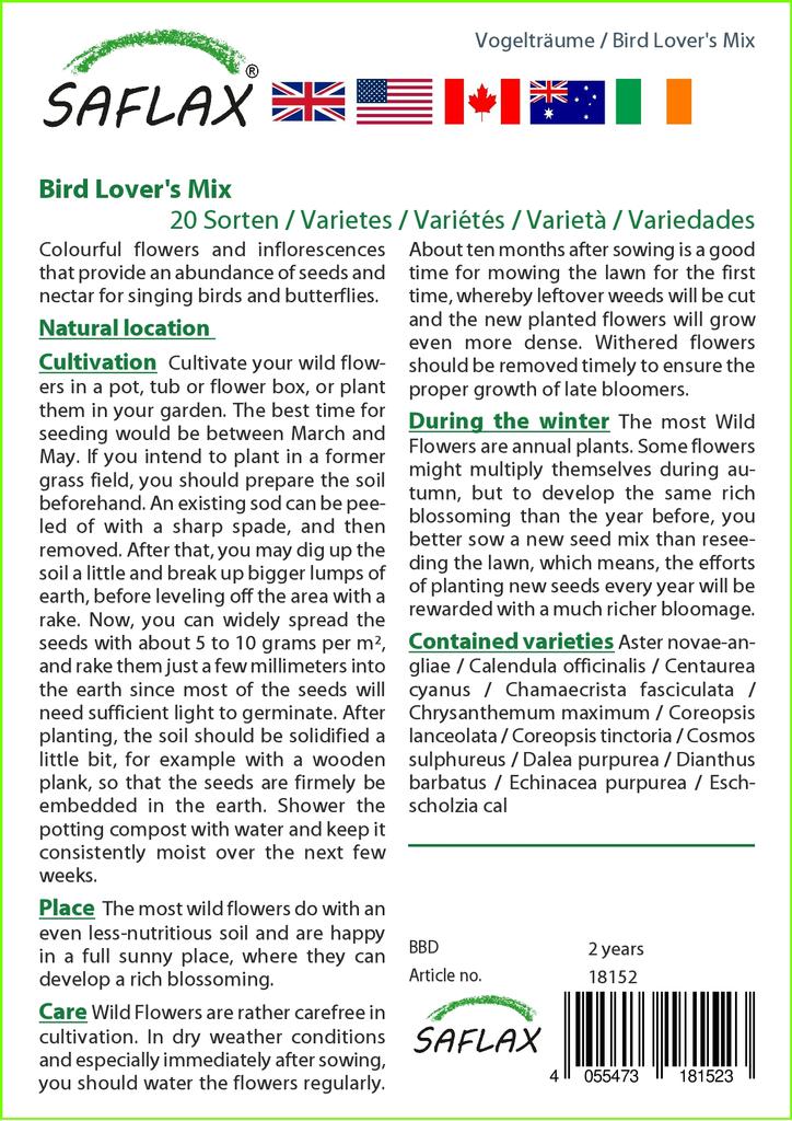 SAFLAX Bird Lover's Mix - 1000 Seeds - 20 Wildflower Mix