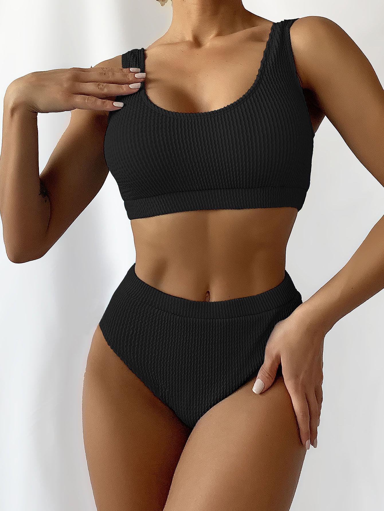 

Женская сексуальная черная водная рябь на бретелях с U-образным вырезом и высокой талией, бикини, женский купальник с разрезом S чёрный