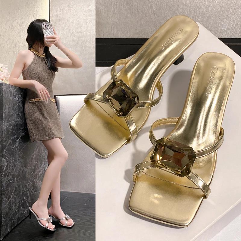 Fashion New Style Fashion Rhinestone One Word Cool Drag Women's Summer Square Toe Open Toe Slim Strap Stiletto Women's High Heel Sandals