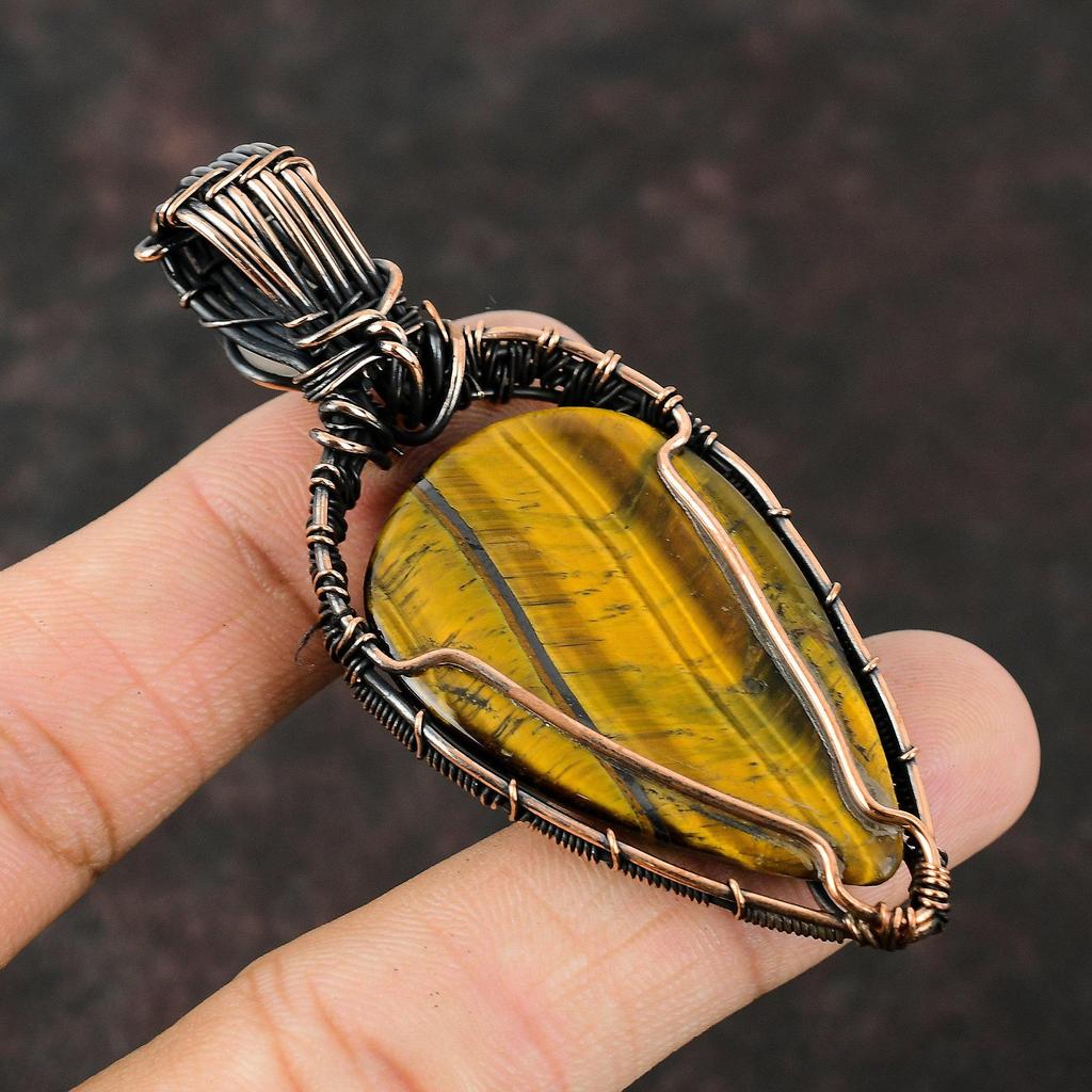 Přívěsek s drahokamem tygří oko, měděný drát, přívěsek omotaný duhovým měsíčním kamenem, drátem obalené šperky, ručně vyráběný kamenný přívěsek, dárek pro maminku