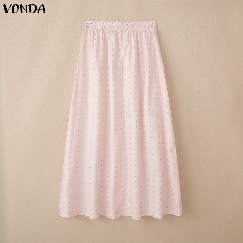VONDA Women Elastic Waist Polka Dots Casual A-Line Pleated Swing Skirts