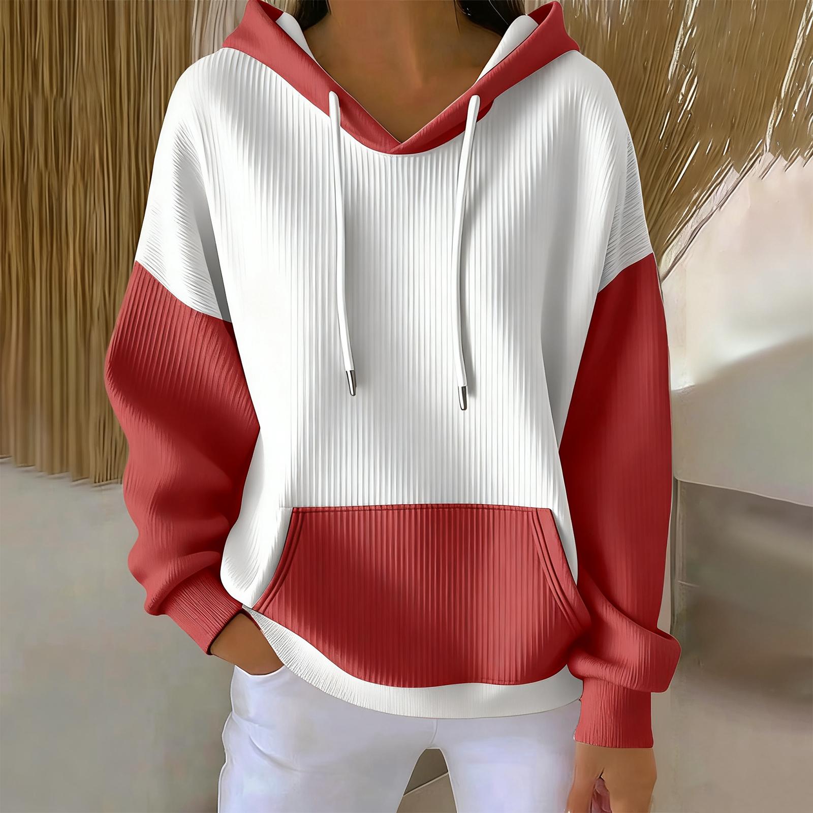 

Женское свободное и удобное худи с V-образным вырезом на кулиске, с длинными рукавами и цветными блоками XL винный