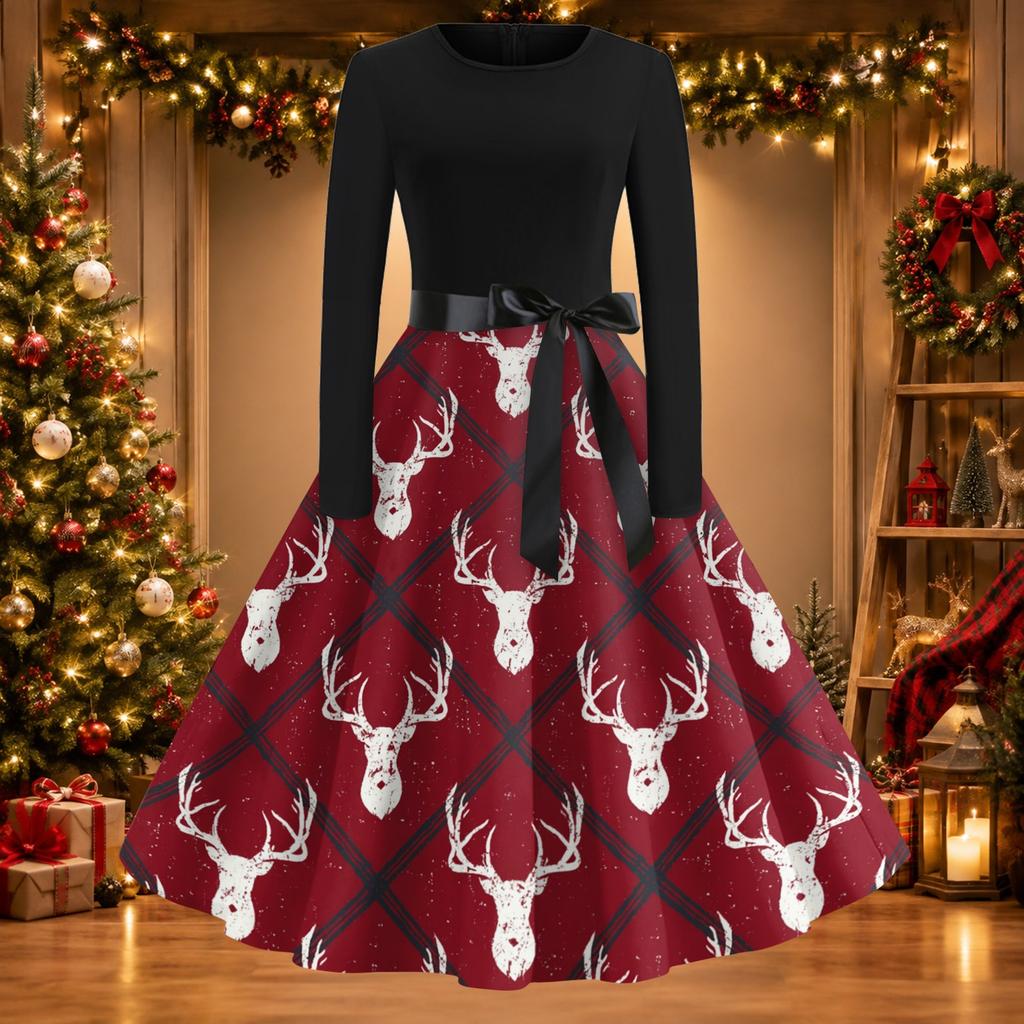 Women's Casual Vintage Christmas Print Neck Dress for Holiday Party