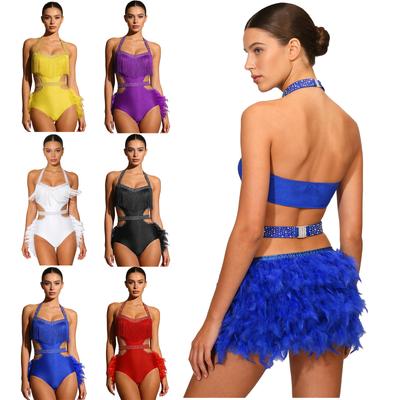 All-in-One Rumba & Samba Performance-Kleidung S-XXL: Glitzernder Strass-Bodysuit mit Federakzenten & Neckholder