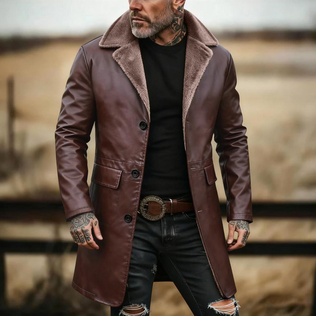 Pánská jednobarevná pracovní bunda s knoflíky a kapsami plus sametová kožená bunda Pánský ležérní dlouhý kabát